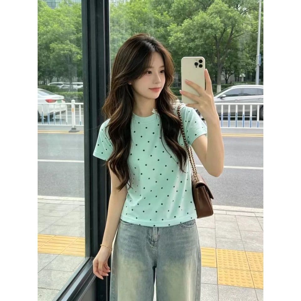 220 그램 40 1 1 순면 한 부서 새로운 패션 라운드 넥 도트 무늬 반팔 공란 에디션 맨위 이후 패키지 칼라 상세 이미지 5