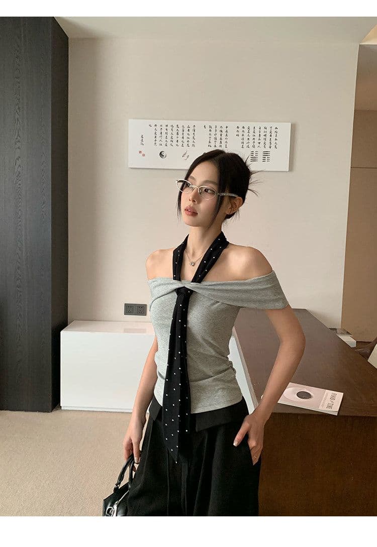 원본 것 회색 오프숄더 반팔 티셔츠 여성 여름 몸매 가꾸기 슬림해 보이는 한 부서 품격 오프숄더 맨위 상세 이미지 6