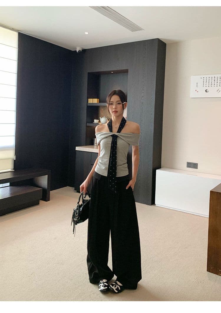 원본 것 회색 오프숄더 반팔 티셔츠 여성 여름 몸매 가꾸기 슬림해 보이는 한 부서 품격 오프숄더 맨위 상세 이미지 7