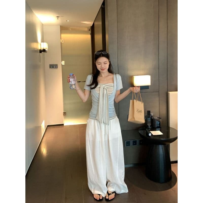 원본 것 스택 착용 두 조각 여성 세트 한 부서 십자가 V넥 티셔츠 스트라이프 레이스업 튜브탑 조끼 세트 이미지 3