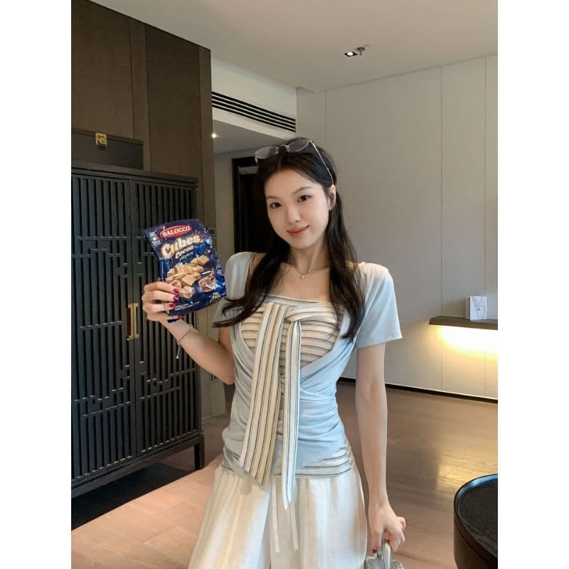 원본 것 스택 착용 두 조각 여성 세트 한 부서 십자가 V넥 티셔츠 스트라이프 레이스업 튜브탑 조끼 세트 이미지 5