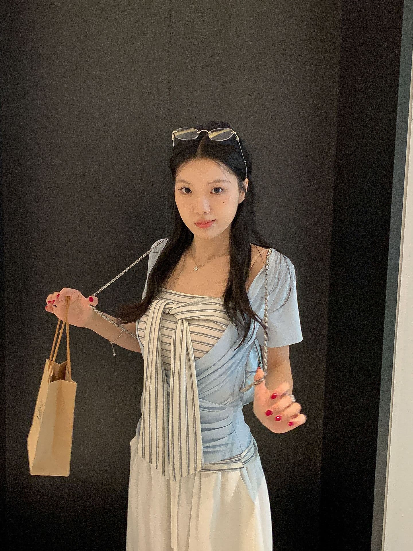 원본 것 스택 착용 두 조각 여성 세트 한 부서 십자가 V넥 티셔츠 스트라이프 레이스업 튜브탑 조끼 세트 상세 이미지 11