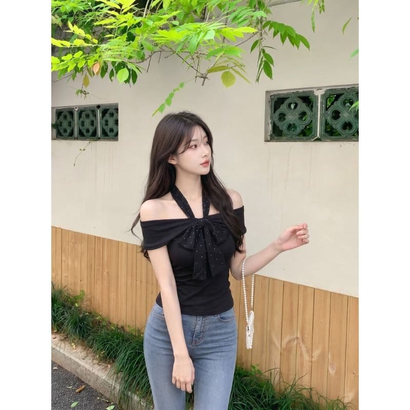 원본 것 오프숄더 도트 무늬 넥타이 반팔 티셔츠 여성 여름 디자인 센스 오프숄더 핫걸 쇼트 스타일 맨위 이미지 5