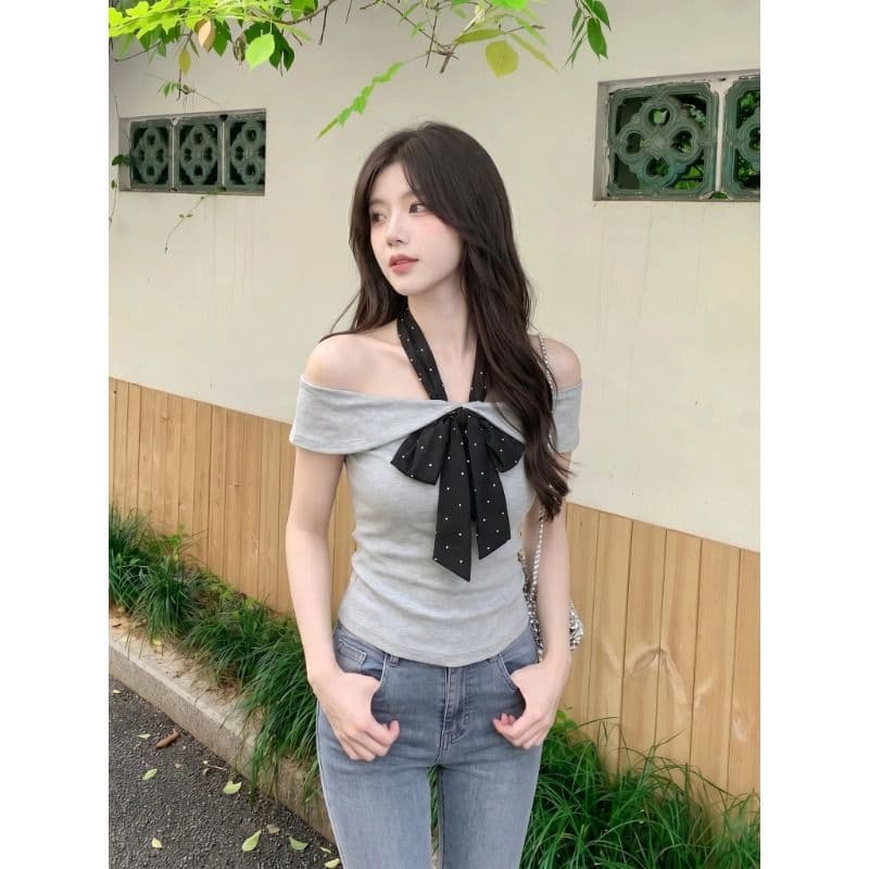 원본 것 오프숄더 도트 무늬 넥타이 반팔 티셔츠 여성 여름 디자인 센스 오프숄더 핫걸 쇼트 스타일 맨위 이미지 2