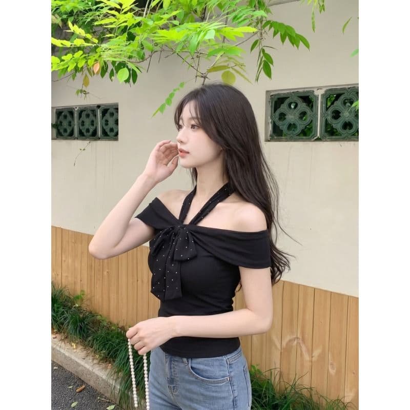 원본 것 오프숄더 도트 무늬 넥타이 반팔 티셔츠 여성 여름 디자인 센스 오프숄더 핫걸 쇼트 스타일 맨위