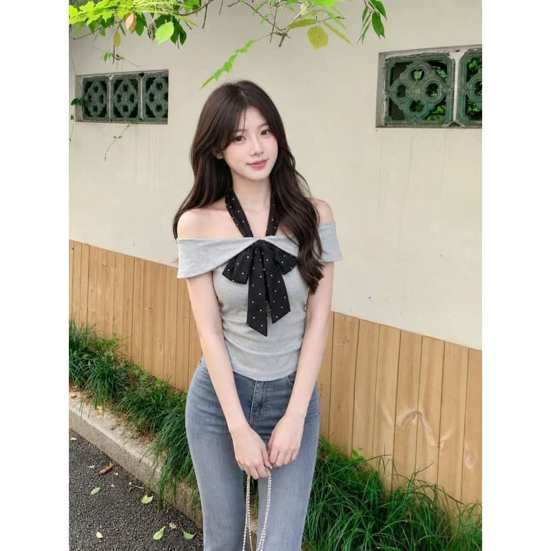 원본 것 오프숄더 도트 무늬 넥타이 반팔 티셔츠 여성 여름 디자인 센스 오프숄더 핫걸 쇼트 스타일 맨위 이미지 3
