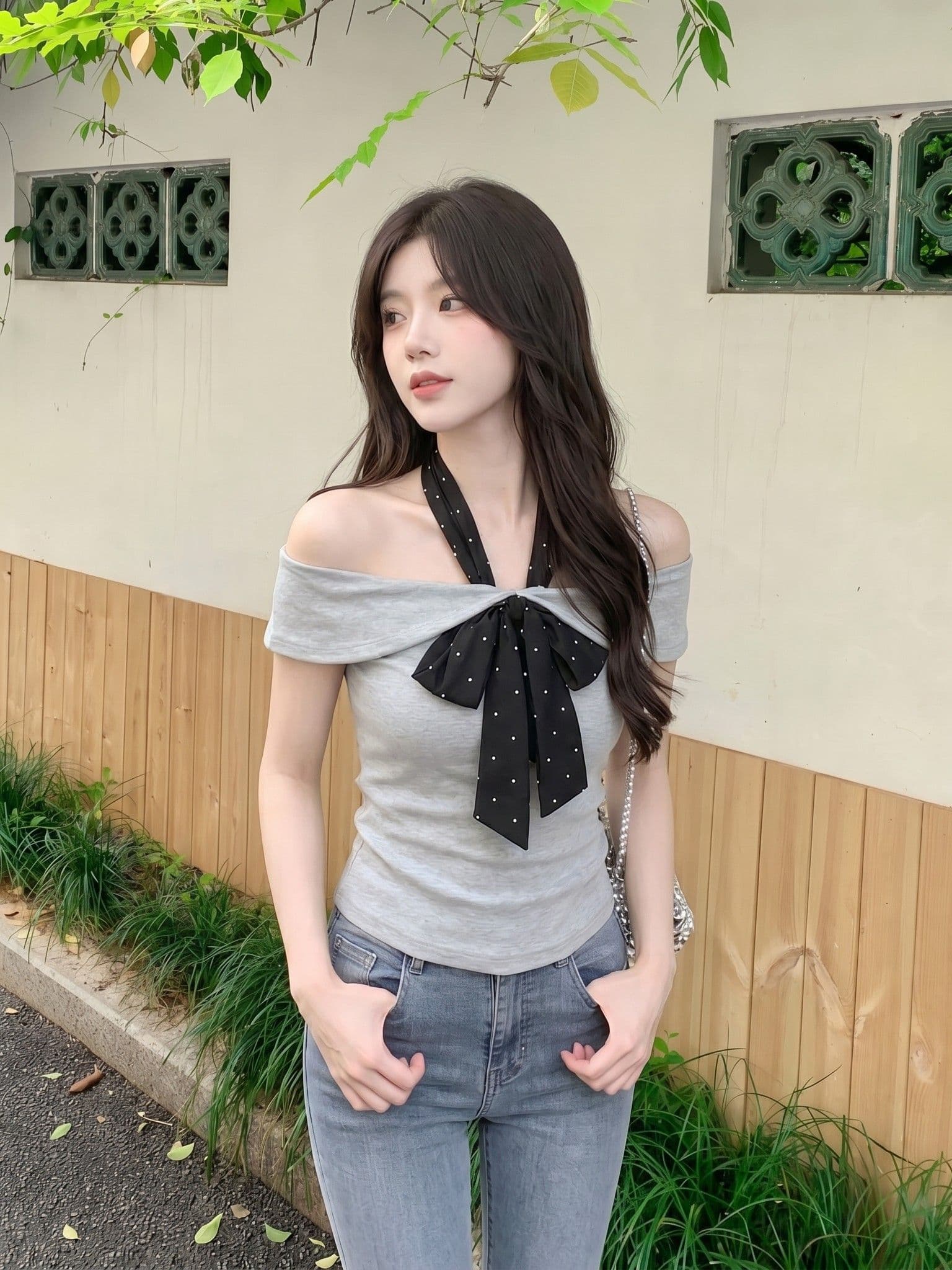 원본 것 오프숄더 도트 무늬 넥타이 반팔 티셔츠 여성 여름 디자인 센스 오프숄더 핫걸 쇼트 스타일 맨위 상세 이미지 2