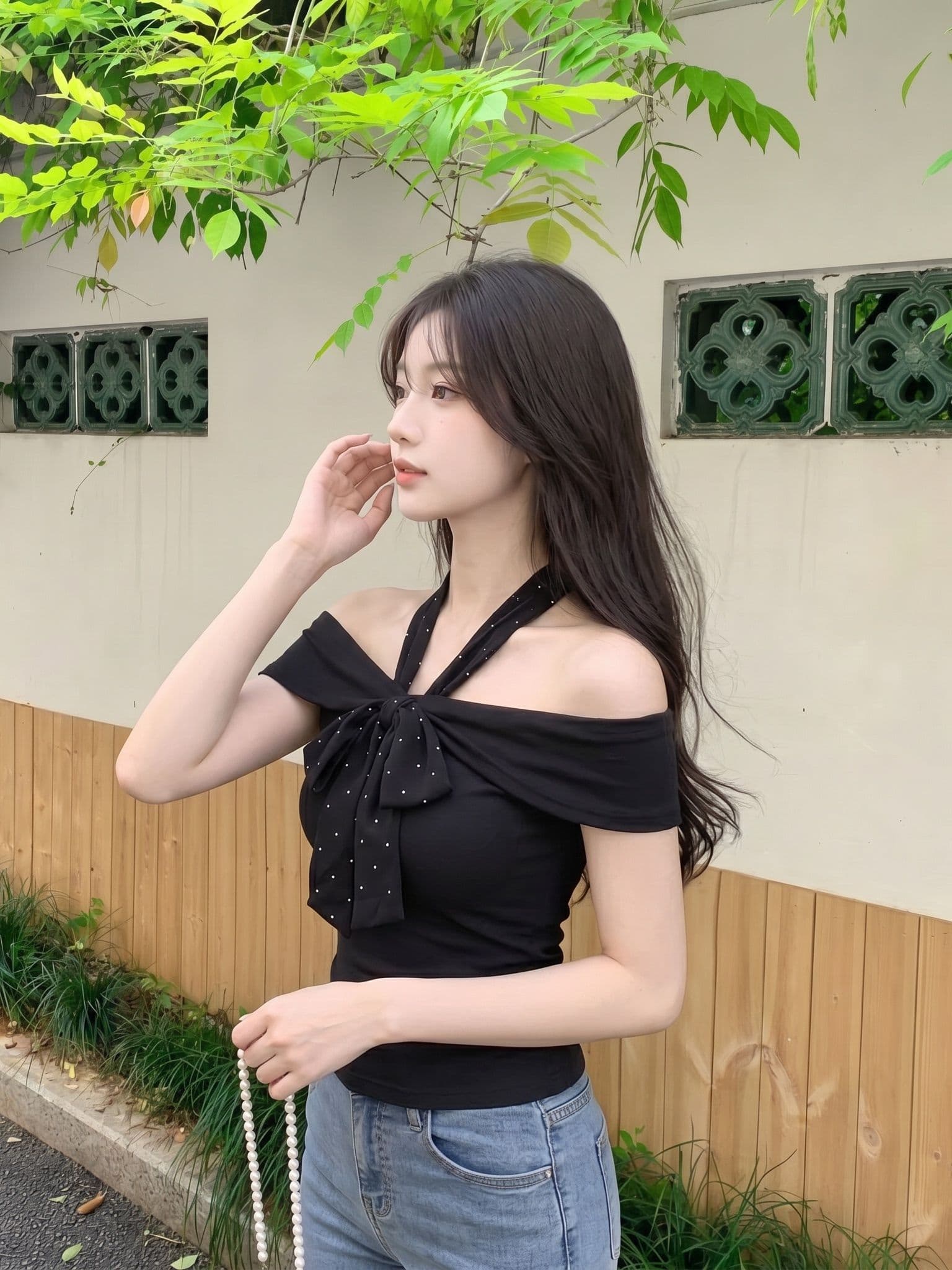 원본 것 오프숄더 도트 무늬 넥타이 반팔 티셔츠 여성 여름 디자인 센스 오프숄더 핫걸 쇼트 스타일 맨위 상세 이미지 3