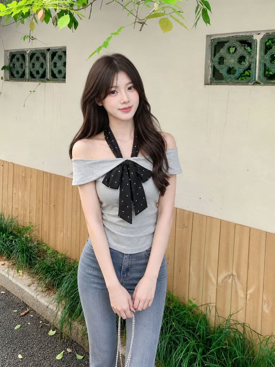 원본 것 오프숄더 도트 무늬 넥타이 반팔 티셔츠 여성 여름 디자인 센스 오프숄더 핫걸 쇼트 스타일 맨위 상세 이미지 4