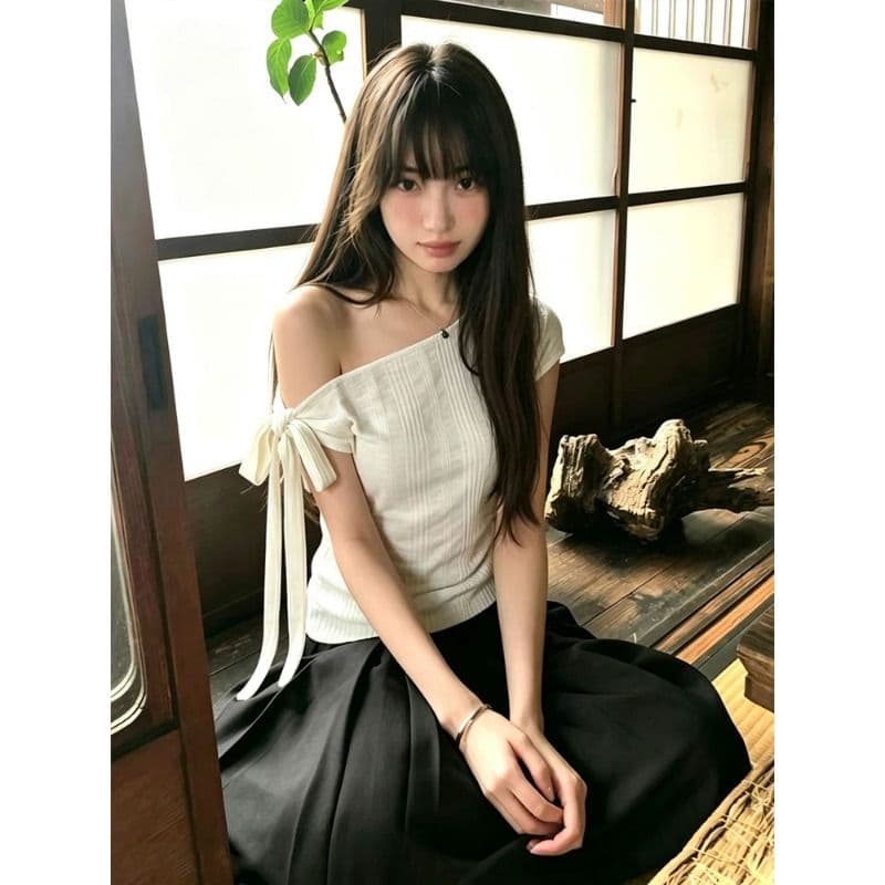 원본 대나무 마디 면 디자인 센스 불규칙 스트랩 오프숄더 루즈핏 비스듬한 칼라 반팔 쇼트 스타일 화이트 맨위 이미지 2