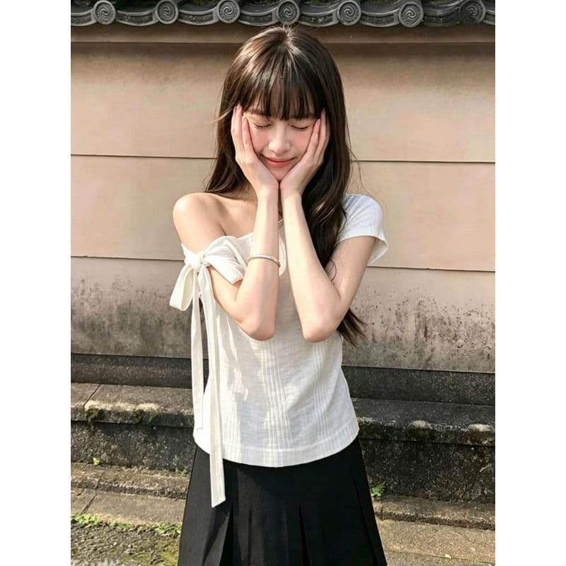 원본 대나무 마디 면 디자인 센스 불규칙 스트랩 오프숄더 루즈핏 비스듬한 칼라 반팔 쇼트 스타일 화이트 맨위 이미지 4