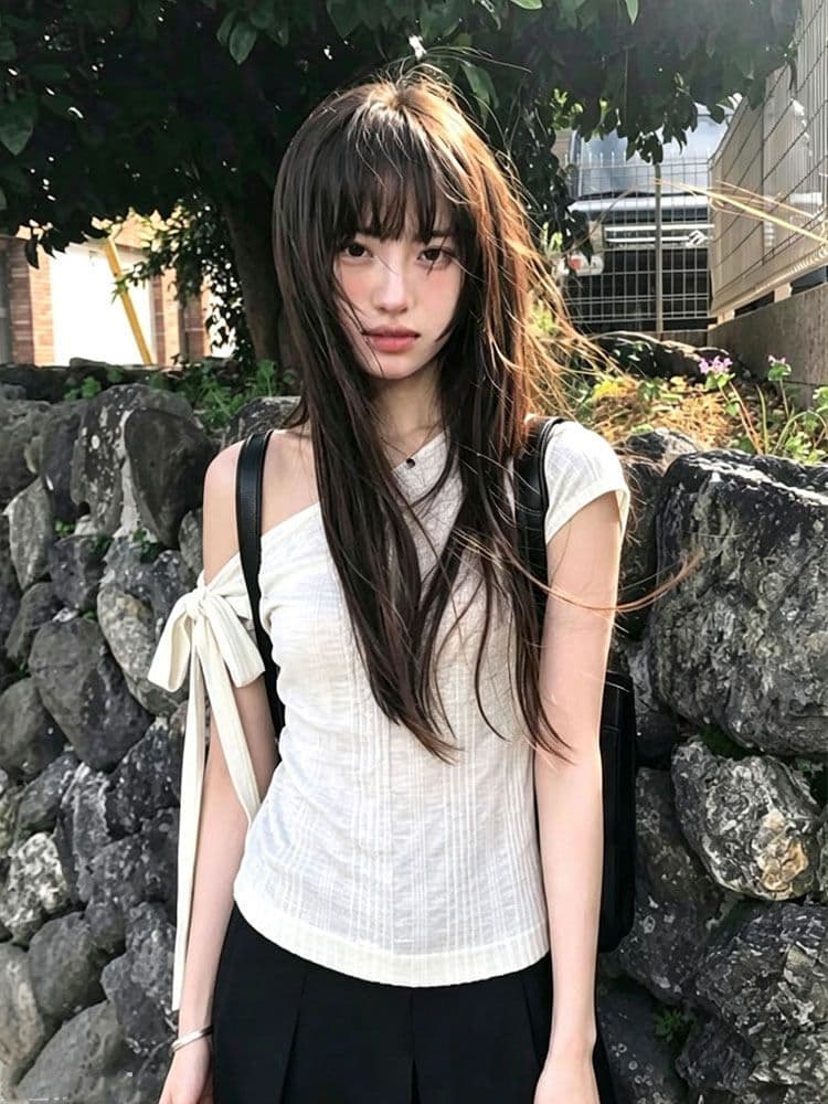 원본 대나무 마디 면 디자인 센스 불규칙 스트랩 오프숄더 루즈핏 비스듬한 칼라 반팔 쇼트 스타일 화이트 맨위 상세 이미지 3