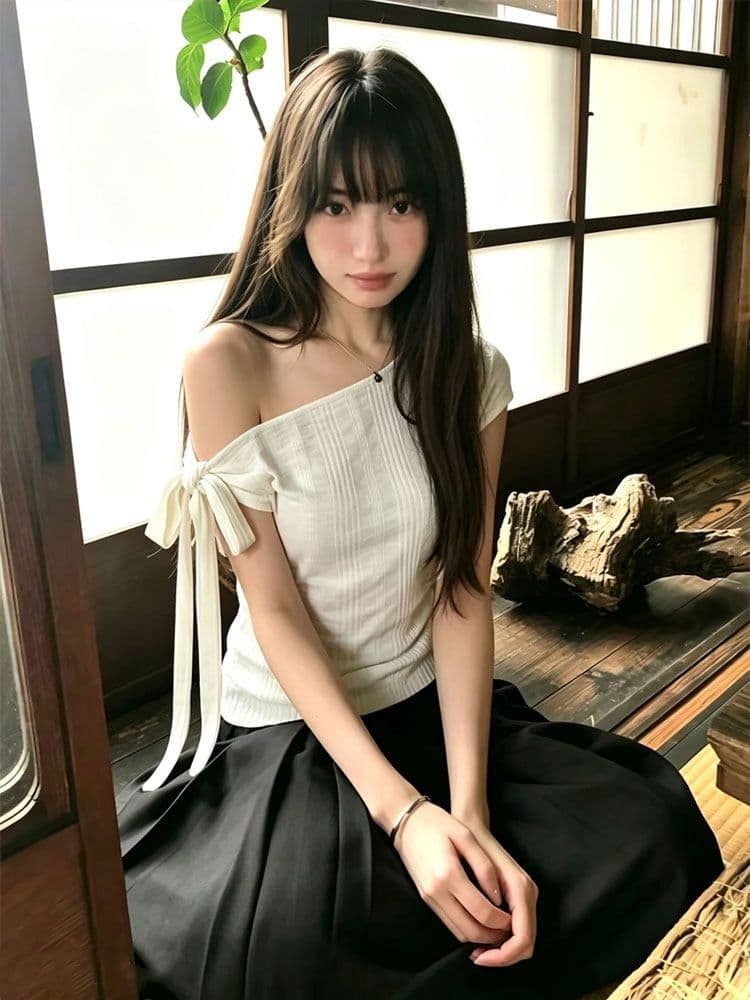 원본 대나무 마디 면 디자인 센스 불규칙 스트랩 오프숄더 루즈핏 비스듬한 칼라 반팔 쇼트 스타일 화이트 맨위 상세 이미지 4