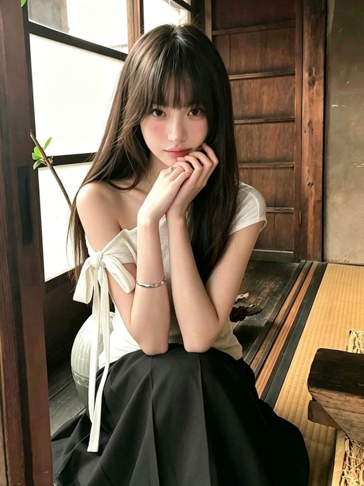 원본 대나무 마디 면 디자인 센스 불규칙 스트랩 오프숄더 루즈핏 비스듬한 칼라 반팔 쇼트 스타일 화이트 맨위 상세 이미지 5