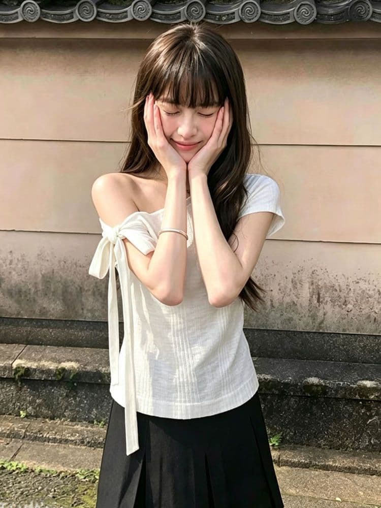 원본 대나무 마디 면 디자인 센스 불규칙 스트랩 오프숄더 루즈핏 비스듬한 칼라 반팔 쇼트 스타일 화이트 맨위 상세 이미지 6
