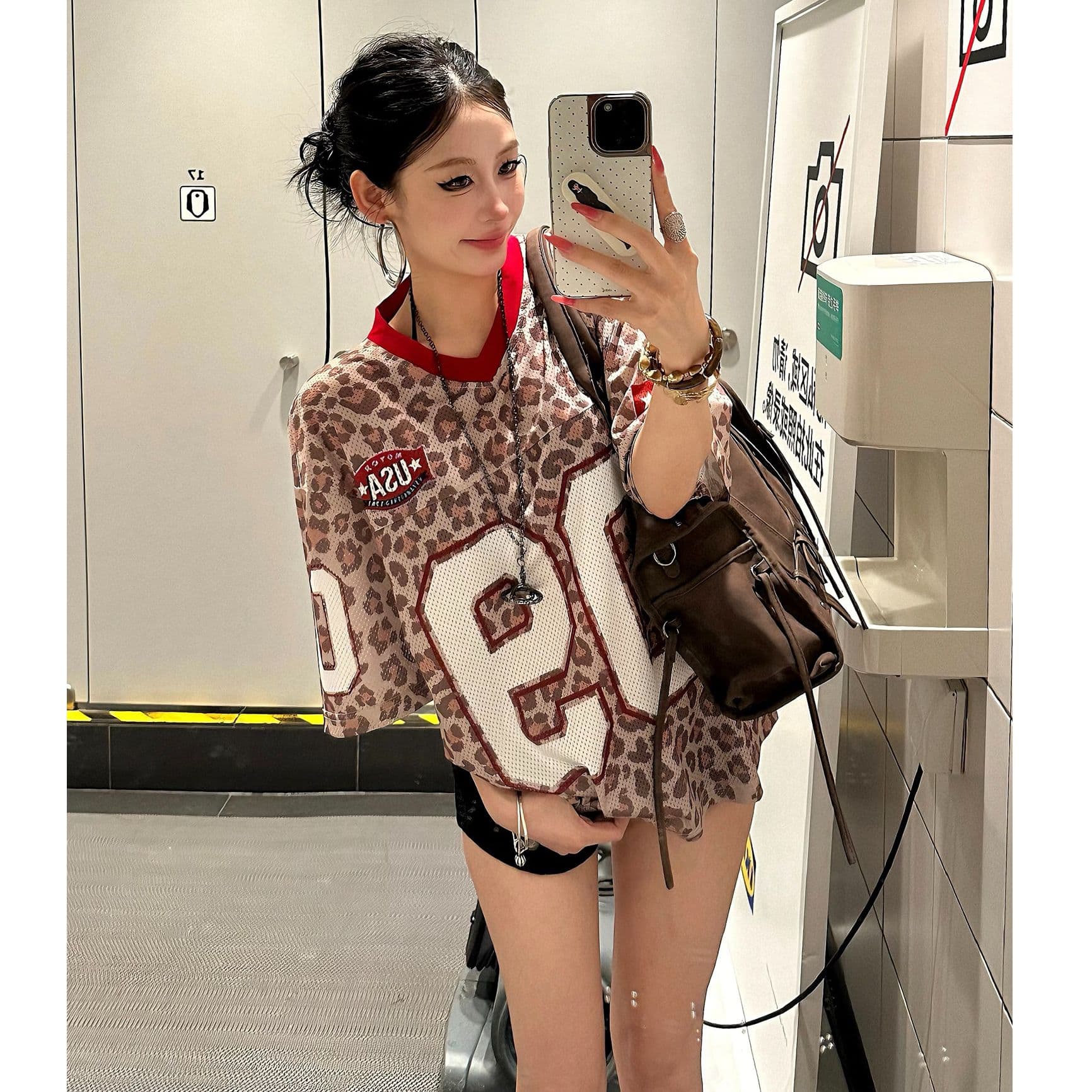 원본 솜씨 원본 원단 운동 구멍 천 아메리칸 레트로 레오파드 무늬 프린트 저지 V넥 반팔 티셔츠 남녀 여름 이미지 4