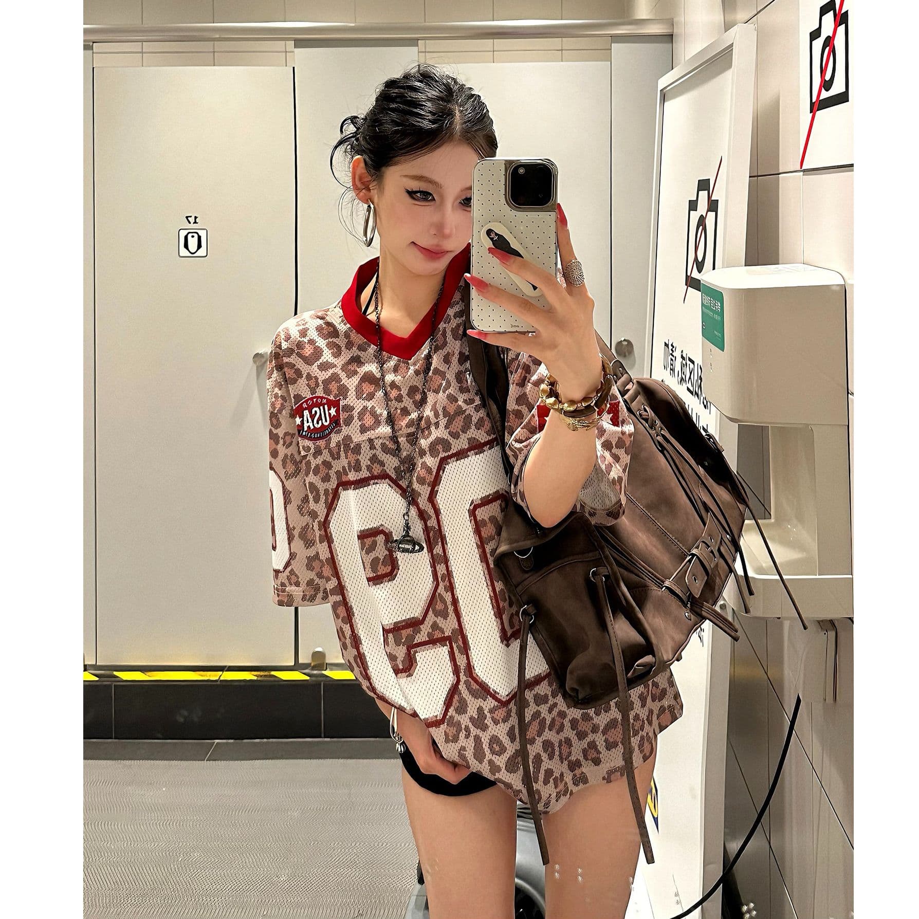 원본 솜씨 원본 원단 운동 구멍 천 아메리칸 레트로 레오파드 무늬 프린트 저지 V넥 반팔 티셔츠 남녀 여름 이미지 5