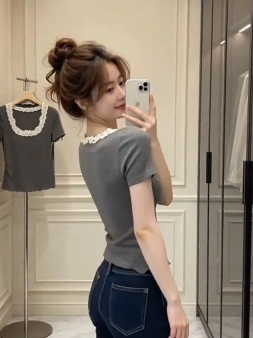 260 그램 사람들 면 긍정적 인 어깨 회색 u 칼라 몸매 가꾸기 슬림해 보이는 반팔 티셔츠 디자인 센스 레이스 레이스 패치워크 허리 수축 이미지 4