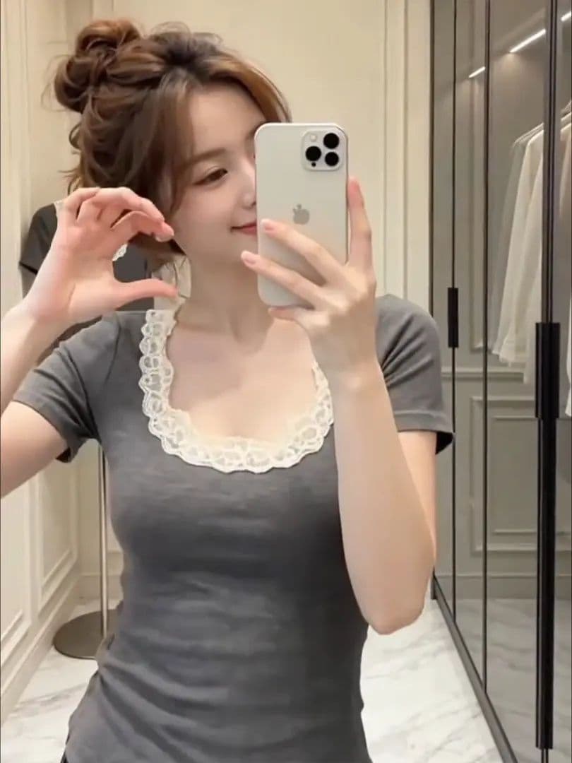 260 그램 사람들 면 긍정적 인 어깨 회색 u 칼라 몸매 가꾸기 슬림해 보이는 반팔 티셔츠 디자인 센스 레이스 레이스 패치워크 허리 수축 상세 이미지 3