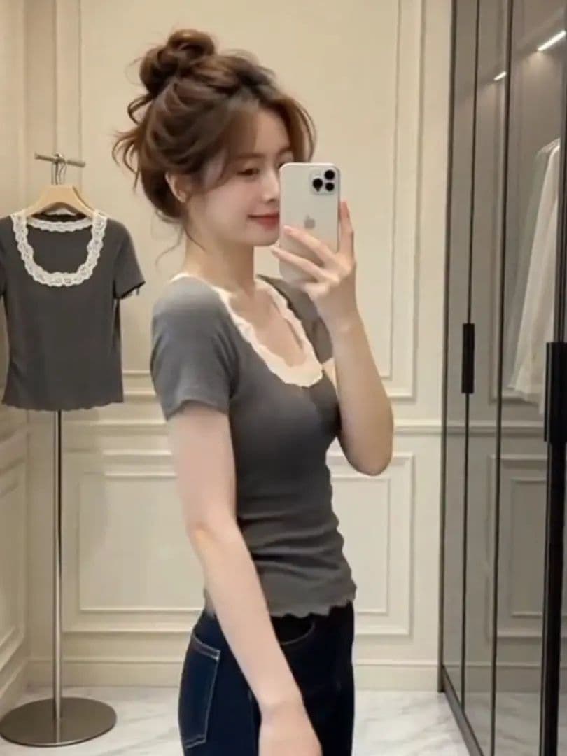 260 그램 사람들 면 긍정적 인 어깨 회색 u 칼라 몸매 가꾸기 슬림해 보이는 반팔 티셔츠 디자인 센스 레이스 레이스 패치워크 허리 수축 상세 이미지 4