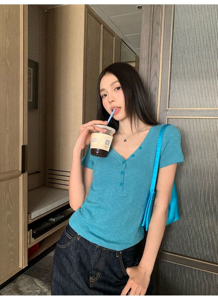 원본 대나무 마디 원단 레이크 블루 색상 V넥 긍정적 인 어깨 반팔 티셔츠 여성 여름 몸매 가꾸기 슬림해 보이는 쇼트 스타일 맨위 상세 이미지 2