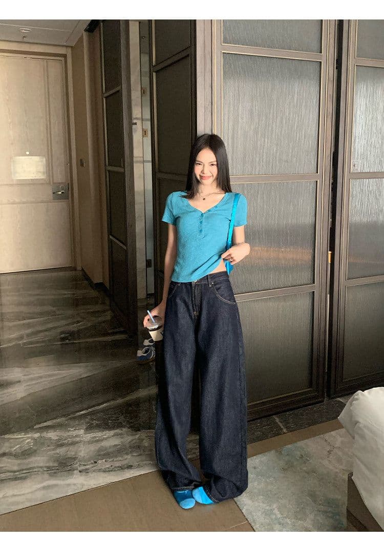 원본 대나무 마디 원단 레이크 블루 색상 V넥 긍정적 인 어깨 반팔 티셔츠 여성 여름 몸매 가꾸기 슬림해 보이는 쇼트 스타일 맨위 상세 이미지 3