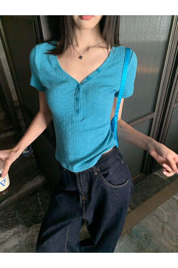 원본 대나무 마디 원단 레이크 블루 색상 V넥 긍정적 인 어깨 반팔 티셔츠 여성 여름 몸매 가꾸기 슬림해 보이는 쇼트 스타일 맨위 상세 이미지 4