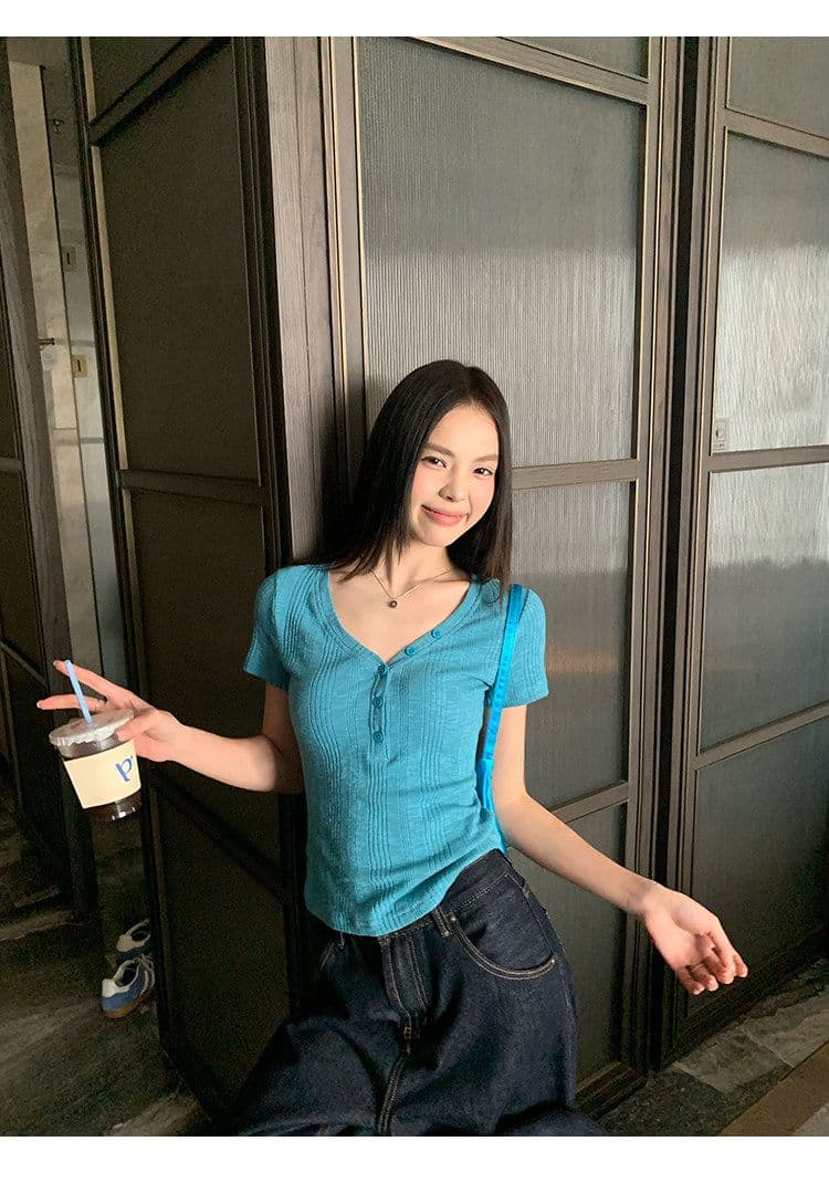 원본 대나무 마디 원단 레이크 블루 색상 V넥 긍정적 인 어깨 반팔 티셔츠 여성 여름 몸매 가꾸기 슬림해 보이는 쇼트 스타일 맨위 상세 이미지 6