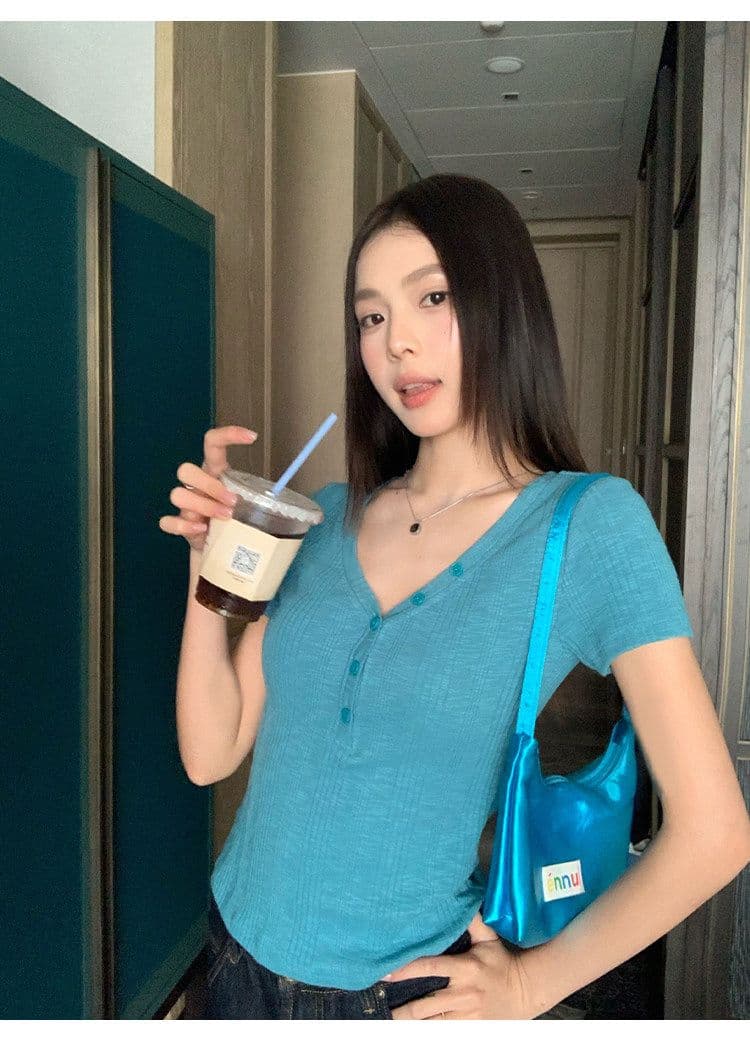 원본 대나무 마디 원단 레이크 블루 색상 V넥 긍정적 인 어깨 반팔 티셔츠 여성 여름 몸매 가꾸기 슬림해 보이는 쇼트 스타일 맨위 상세 이미지 7