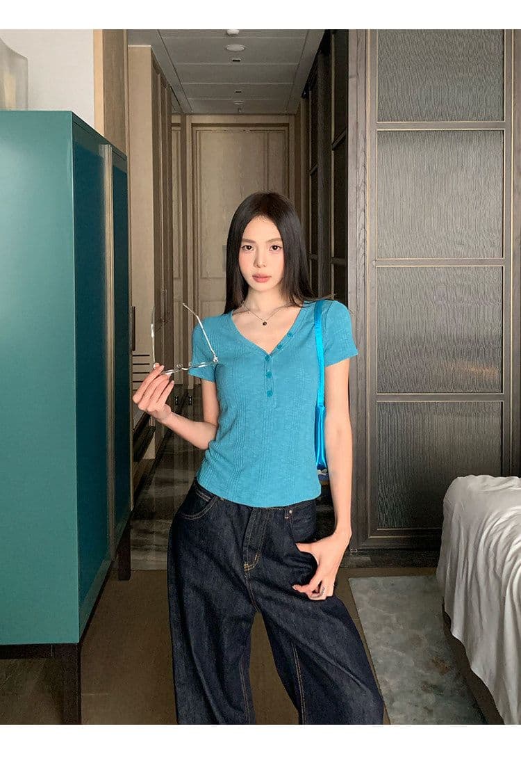 원본 대나무 마디 원단 레이크 블루 색상 V넥 긍정적 인 어깨 반팔 티셔츠 여성 여름 몸매 가꾸기 슬림해 보이는 쇼트 스타일 맨위 상세 이미지 9