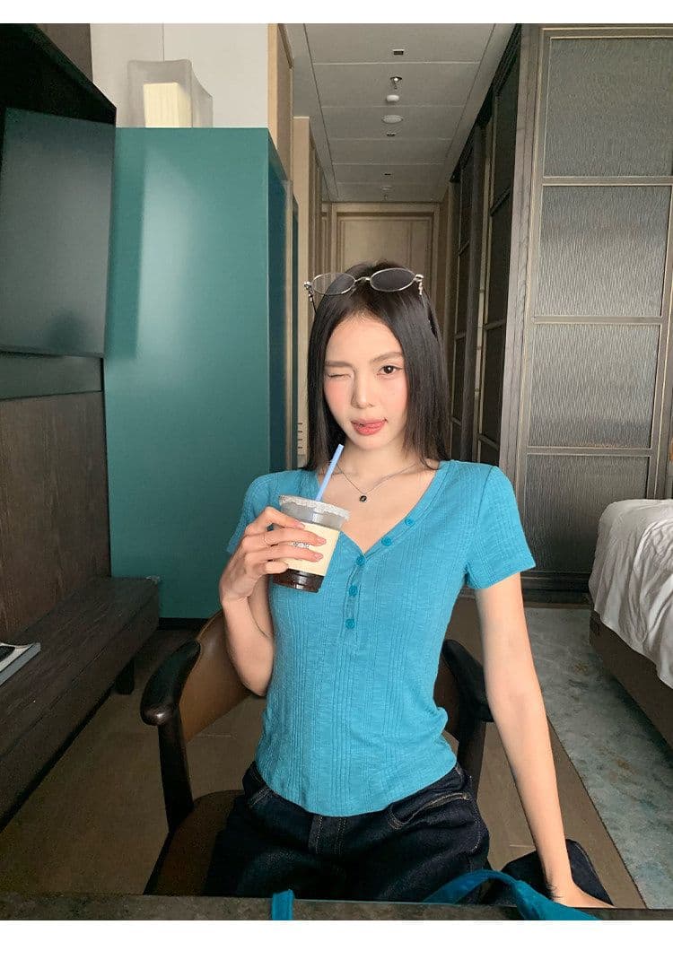 원본 대나무 마디 원단 레이크 블루 색상 V넥 긍정적 인 어깨 반팔 티셔츠 여성 여름 몸매 가꾸기 슬림해 보이는 쇼트 스타일 맨위 상세 이미지 10