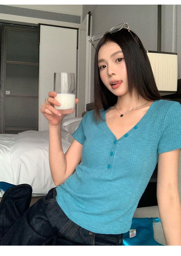 원본 대나무 마디 원단 레이크 블루 색상 V넥 긍정적 인 어깨 반팔 티셔츠 여성 여름 몸매 가꾸기 슬림해 보이는 쇼트 스타일 맨위 상세 이미지 11