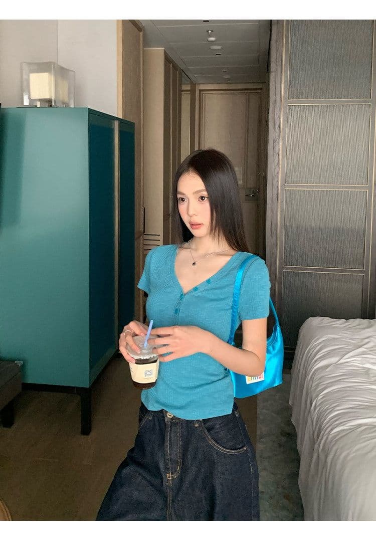 원본 대나무 마디 원단 레이크 블루 색상 V넥 긍정적 인 어깨 반팔 티셔츠 여성 여름 몸매 가꾸기 슬림해 보이는 쇼트 스타일 맨위 상세 이미지 12
