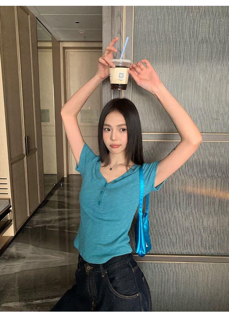 원본 대나무 마디 원단 레이크 블루 색상 V넥 긍정적 인 어깨 반팔 티셔츠 여성 여름 몸매 가꾸기 슬림해 보이는 쇼트 스타일 맨위 상세 이미지 14