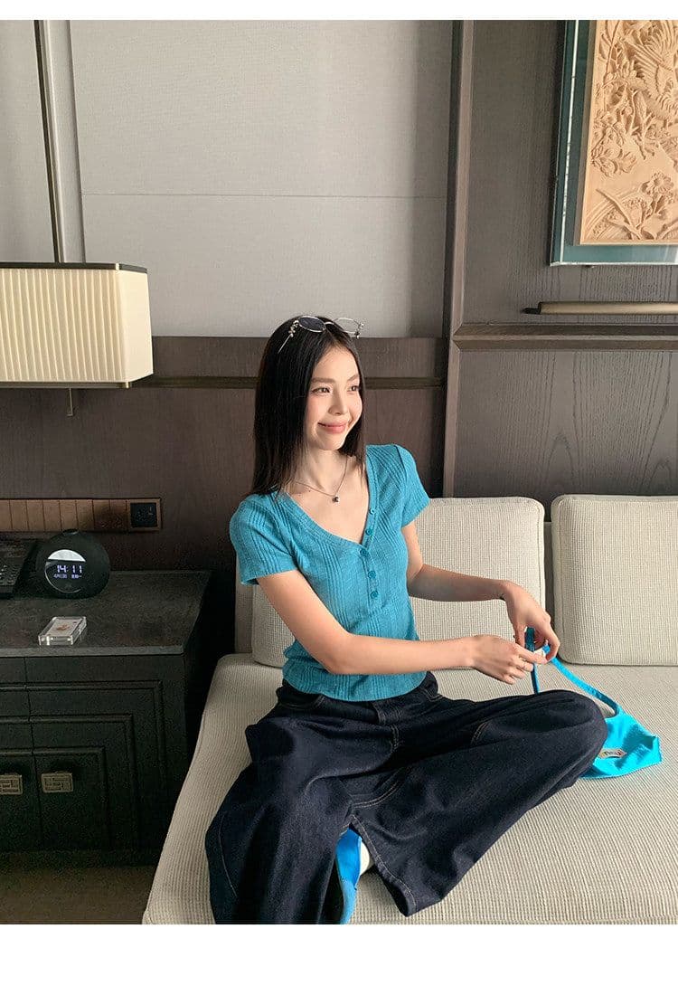원본 대나무 마디 원단 레이크 블루 색상 V넥 긍정적 인 어깨 반팔 티셔츠 여성 여름 몸매 가꾸기 슬림해 보이는 쇼트 스타일 맨위 상세 이미지 15