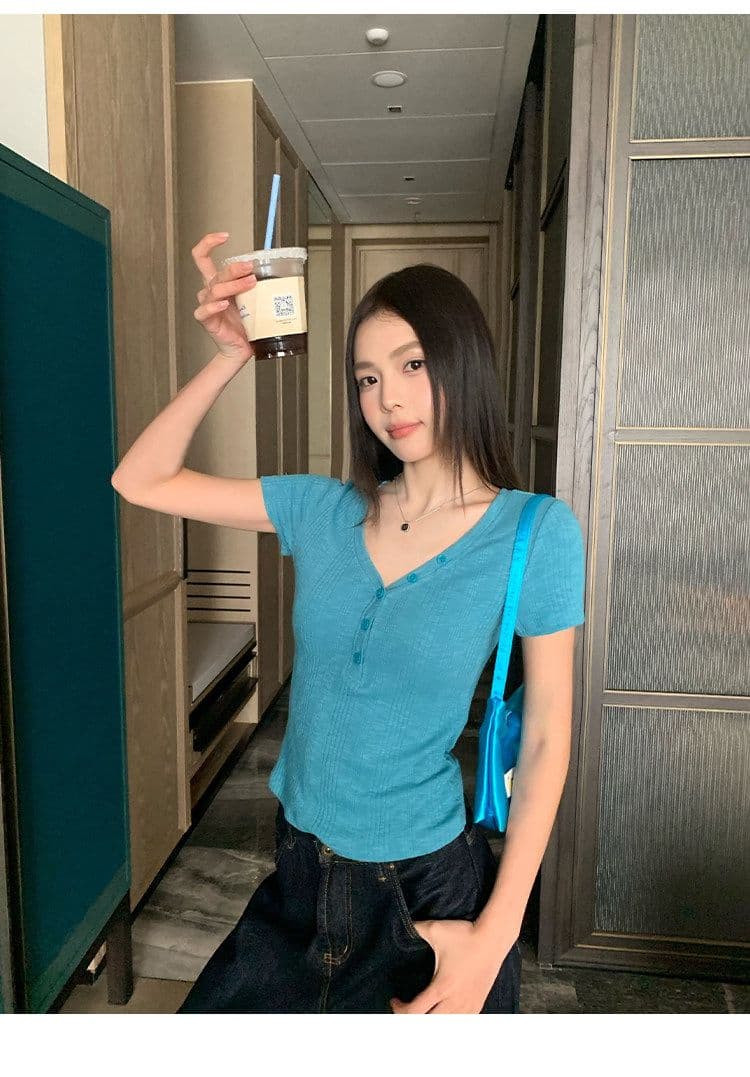 원본 대나무 마디 원단 레이크 블루 색상 V넥 긍정적 인 어깨 반팔 티셔츠 여성 여름 몸매 가꾸기 슬림해 보이는 쇼트 스타일 맨위 상세 이미지 16