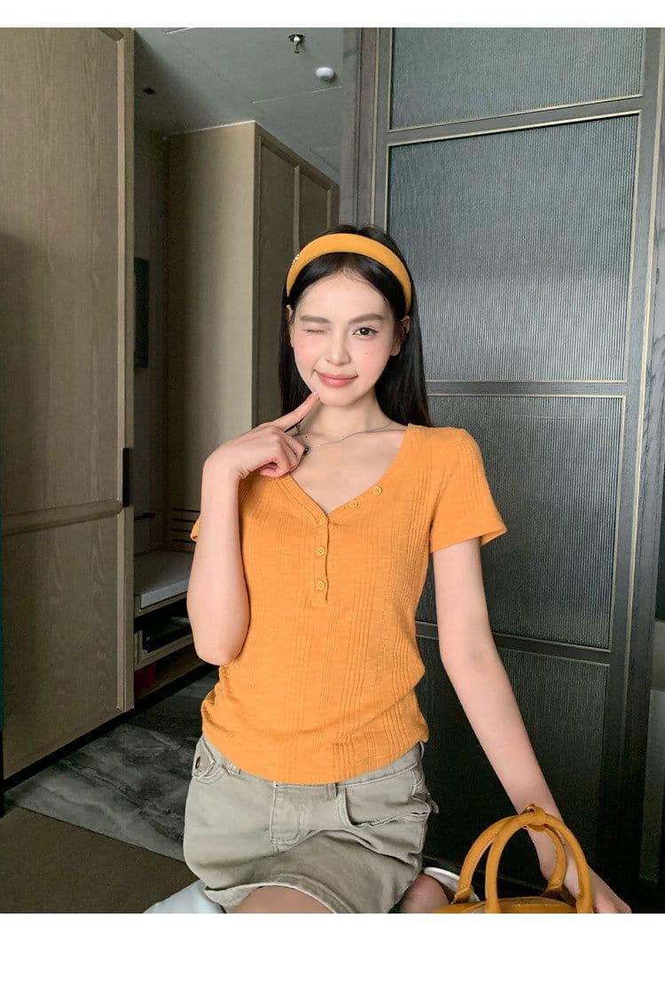 원본 대나무 마디 원단 레이크 블루 색상 V넥 긍정적 인 어깨 반팔 티셔츠 여성 여름 몸매 가꾸기 슬림해 보이는 쇼트 스타일 맨위 상세 이미지 17