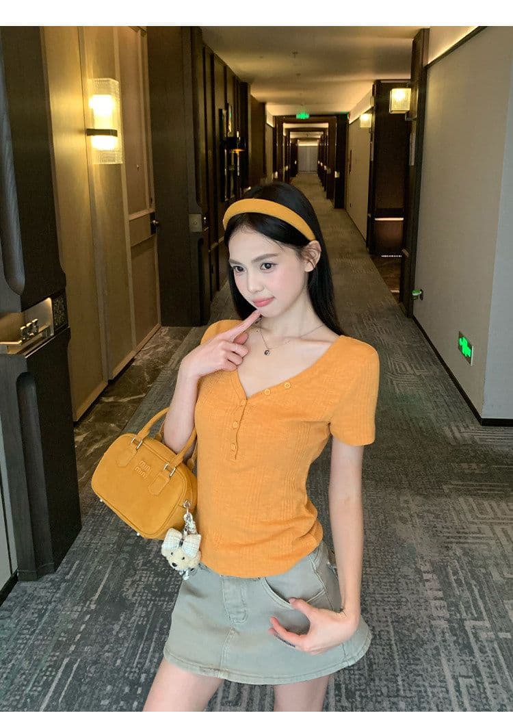 원본 대나무 마디 원단 레이크 블루 색상 V넥 긍정적 인 어깨 반팔 티셔츠 여성 여름 몸매 가꾸기 슬림해 보이는 쇼트 스타일 맨위 상세 이미지 18