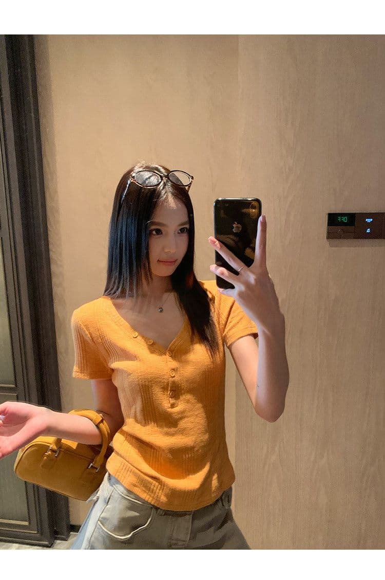 원본 대나무 마디 원단 레이크 블루 색상 V넥 긍정적 인 어깨 반팔 티셔츠 여성 여름 몸매 가꾸기 슬림해 보이는 쇼트 스타일 맨위 상세 이미지 19