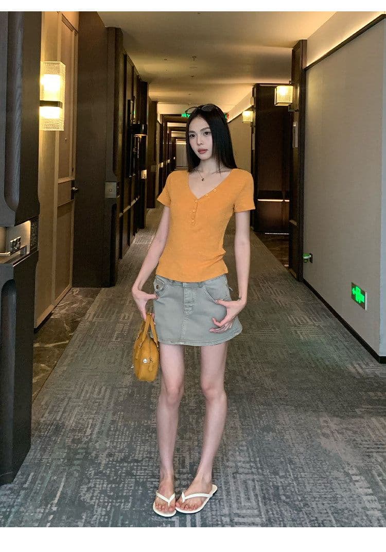 원본 대나무 마디 원단 레이크 블루 색상 V넥 긍정적 인 어깨 반팔 티셔츠 여성 여름 몸매 가꾸기 슬림해 보이는 쇼트 스타일 맨위 상세 이미지 20