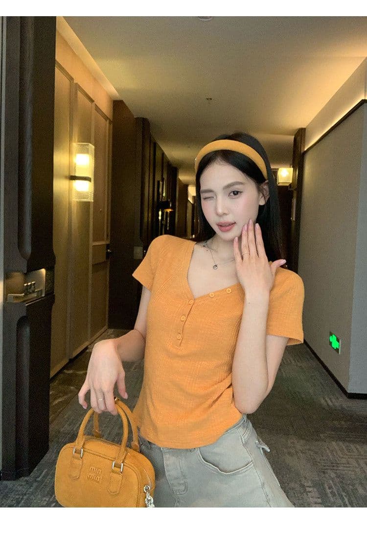 원본 대나무 마디 원단 레이크 블루 색상 V넥 긍정적 인 어깨 반팔 티셔츠 여성 여름 몸매 가꾸기 슬림해 보이는 쇼트 스타일 맨위 상세 이미지 21