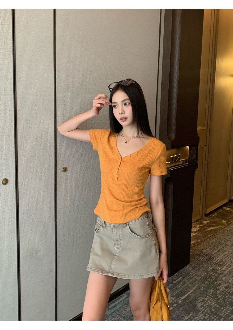 원본 대나무 마디 원단 레이크 블루 색상 V넥 긍정적 인 어깨 반팔 티셔츠 여성 여름 몸매 가꾸기 슬림해 보이는 쇼트 스타일 맨위 상세 이미지 22