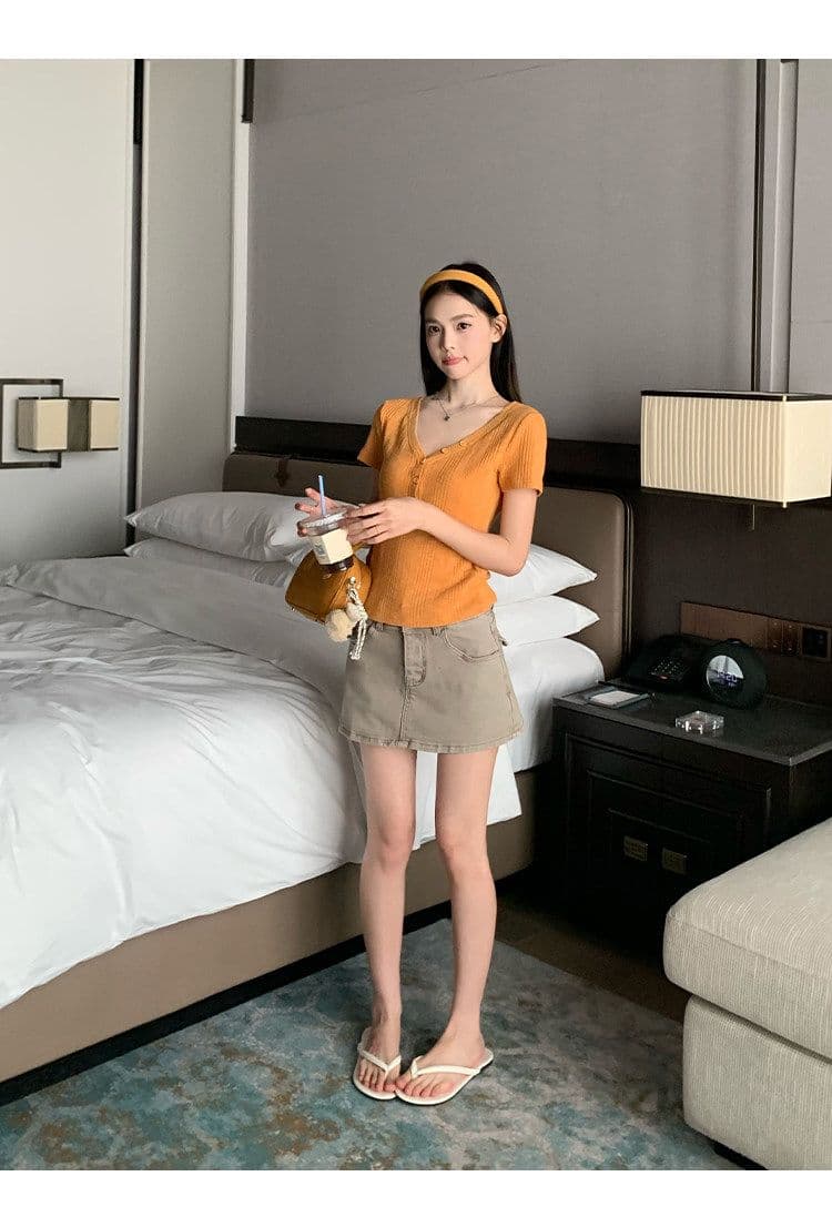 원본 대나무 마디 원단 레이크 블루 색상 V넥 긍정적 인 어깨 반팔 티셔츠 여성 여름 몸매 가꾸기 슬림해 보이는 쇼트 스타일 맨위 상세 이미지 24