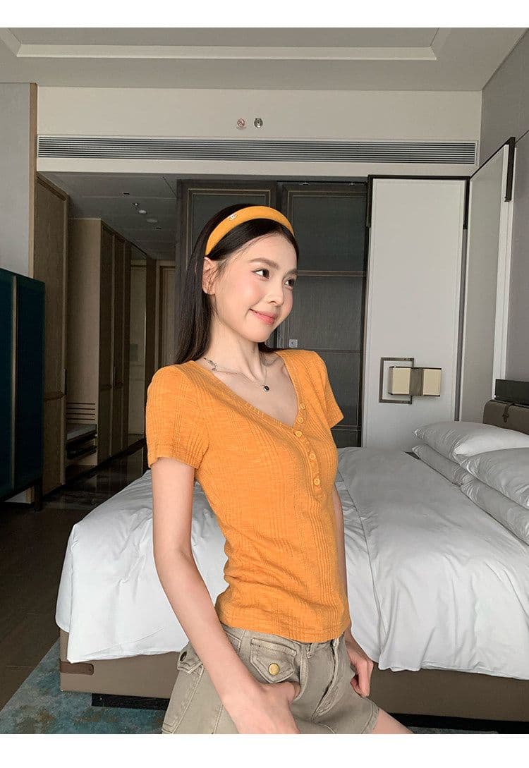 원본 대나무 마디 원단 레이크 블루 색상 V넥 긍정적 인 어깨 반팔 티셔츠 여성 여름 몸매 가꾸기 슬림해 보이는 쇼트 스타일 맨위 상세 이미지 25