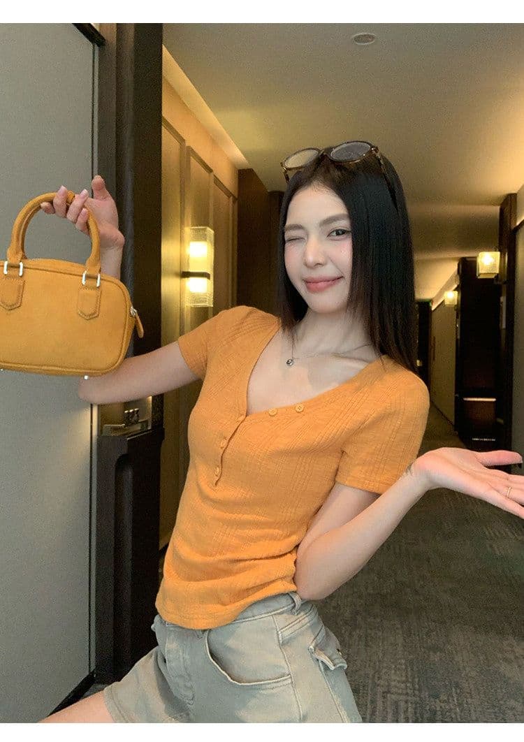 원본 대나무 마디 원단 레이크 블루 색상 V넥 긍정적 인 어깨 반팔 티셔츠 여성 여름 몸매 가꾸기 슬림해 보이는 쇼트 스타일 맨위 상세 이미지 26