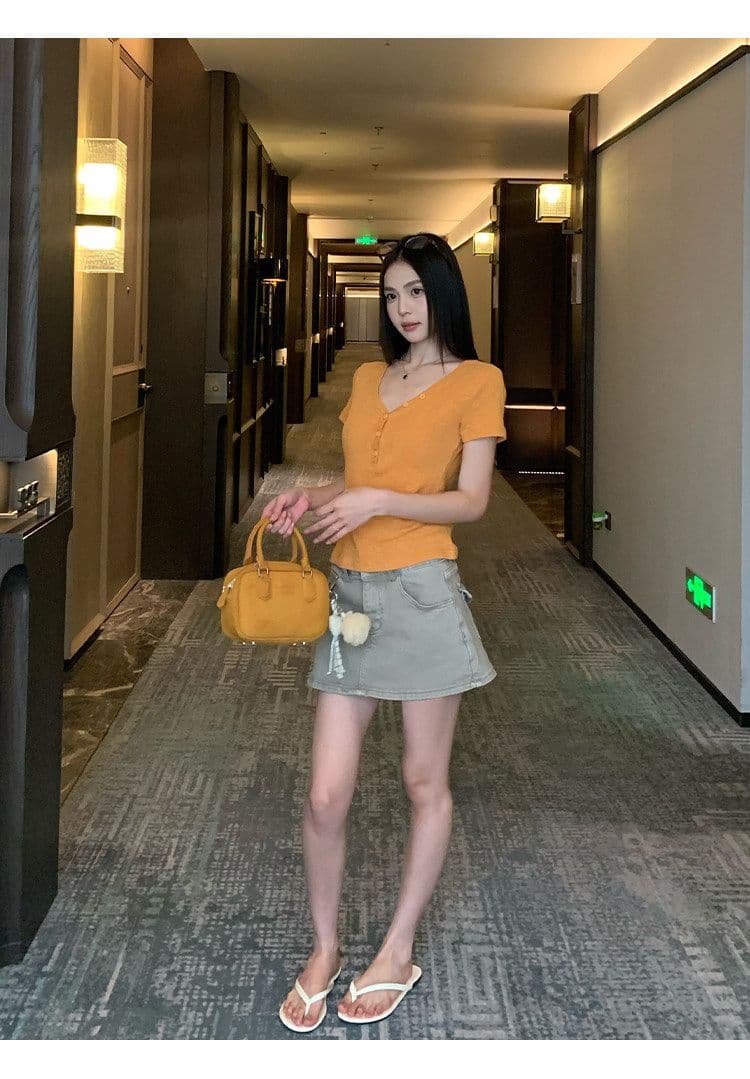 원본 대나무 마디 원단 레이크 블루 색상 V넥 긍정적 인 어깨 반팔 티셔츠 여성 여름 몸매 가꾸기 슬림해 보이는 쇼트 스타일 맨위 상세 이미지 29