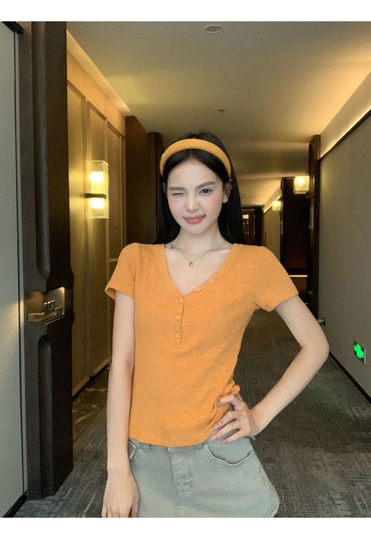 원본 대나무 마디 원단 레이크 블루 색상 V넥 긍정적 인 어깨 반팔 티셔츠 여성 여름 몸매 가꾸기 슬림해 보이는 쇼트 스타일 맨위 상세 이미지 30