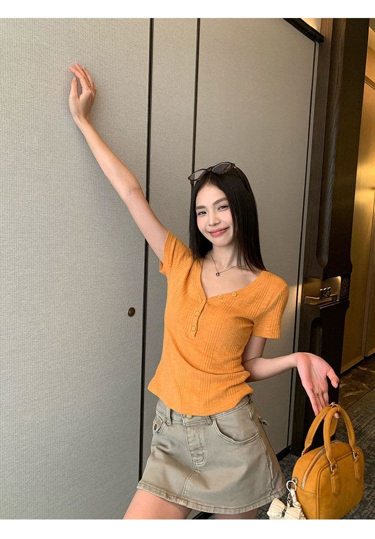 원본 대나무 마디 원단 레이크 블루 색상 V넥 긍정적 인 어깨 반팔 티셔츠 여성 여름 몸매 가꾸기 슬림해 보이는 쇼트 스타일 맨위 상세 이미지 31