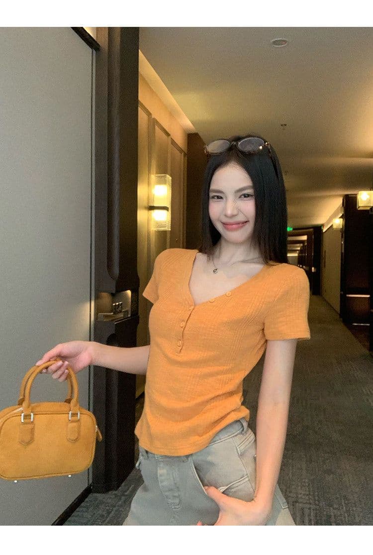 원본 대나무 마디 원단 레이크 블루 색상 V넥 긍정적 인 어깨 반팔 티셔츠 여성 여름 몸매 가꾸기 슬림해 보이는 쇼트 스타일 맨위 상세 이미지 32