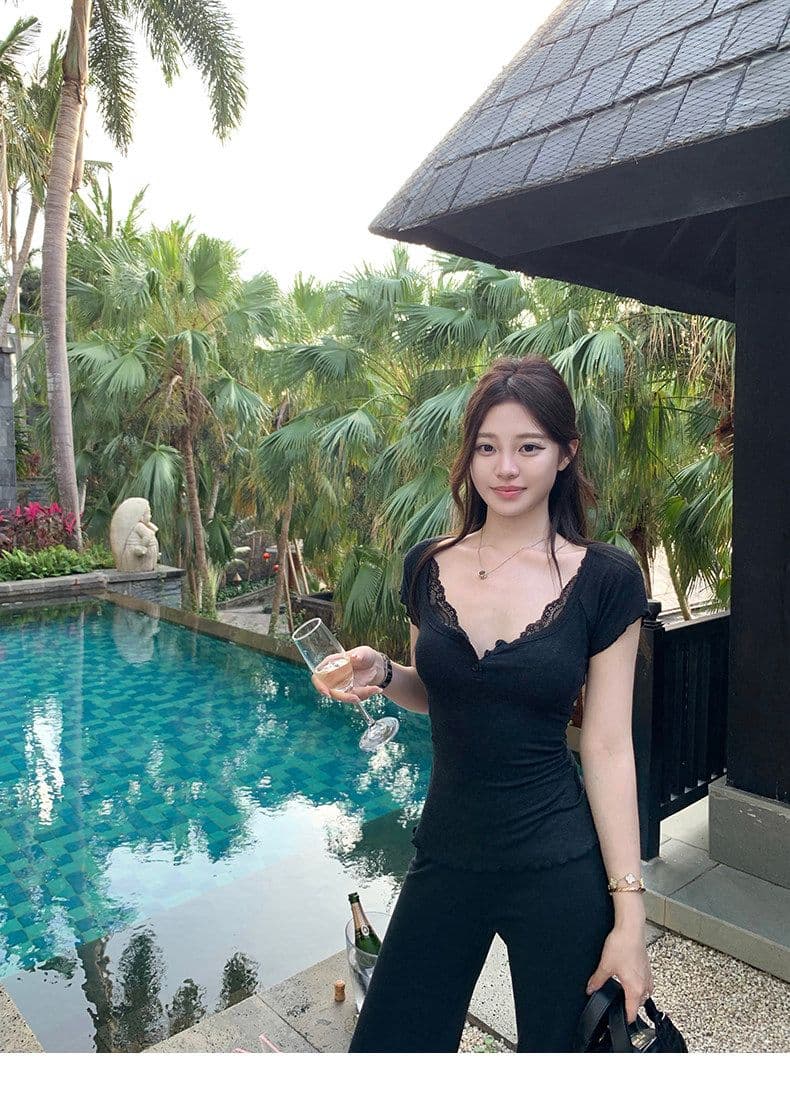 원본 원단 대 u 칼라 반팔 티셔츠 여성 여름 프로 피부 얇고 가벼운 작은 날다 소매 맨위 상세 이미지 14